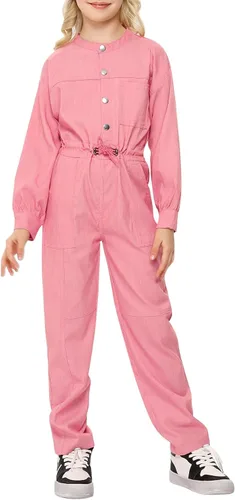 Vista 4 de Kukume Girls Long Sleeve Button Down Jumpsuits Rompers Straight Leg Cargo Pant with 5 Pockets