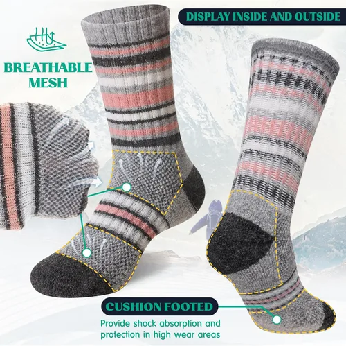 Vista 3 de DoSmart Calcetines de senderismo de lana merino para niños y niñas, térmicos, cálidos, gruesos, acogedores, acolchados, 6 pares