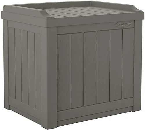 Vista 4 de Suncast Paquete de 2 cajas de almacenamiento pequeñas de 22 galones para interiores o exteriores, con atractivo asiento de banco y tapa reforzada