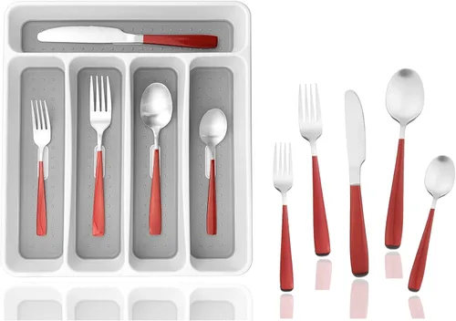 Vista 7 de JASHII - Juego de cubiertos con bandeja, 20 piezas de acero inoxidable cuadrado cubiertos servicio para 4, acabado mate, utensilios de alimentación