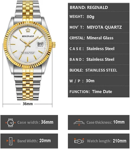 Vista 6 de PASOY Reloj de moda para hombre, tamaño unisex, acero inoxidable, fecha, dorado, bisel, plateado, reloj de pulsera de 1.417in, Moda