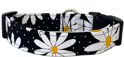 Vista 2 de Black and White Daisy Dog Collar with Buckle - Made in the USA - Handmade by Collars by Design (X-Small)