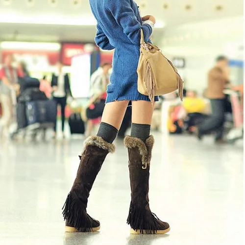 Vista 4 de Botas de nieve altas de invierno para mujer con hebilla de moda con flequillo impermeable de piel cálida ancha pantorrilla botas de nieve