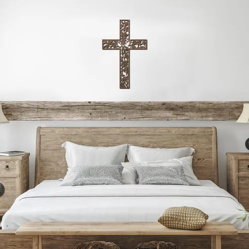 Vista 6 de Yookeer Cruz de madera para colgar en la pared, paloma religiosa, decoración de sala de estar, decoración rústica de madera para el hogar