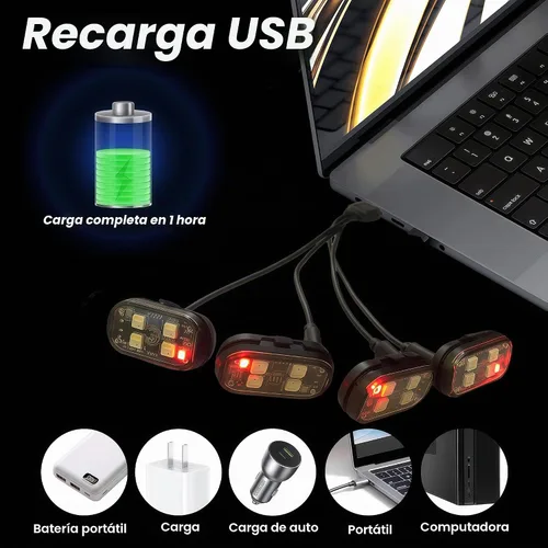 Vista 4 de 8 luces estroboscópicas LED inalámbricas con control remoto, RGB 8 colores multifunción, carga USB, impermeable, anticolisión, advertencia trasera