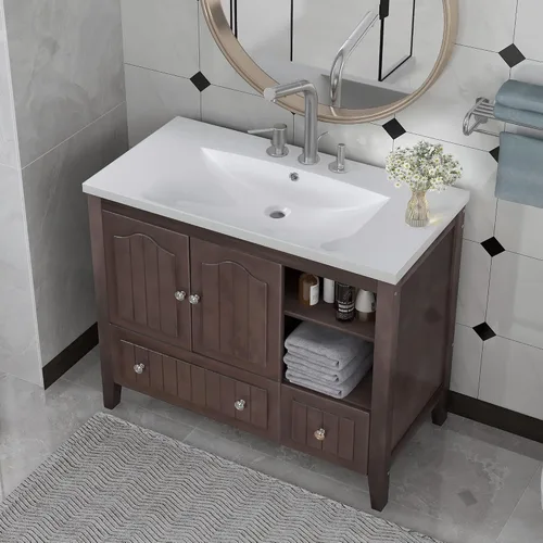 Vista 32 de Tocador de baño multifuncional de 30 pulgadas con lavabo individual, armario combinado de montaje inferior, marco de gabinete de baño de madera