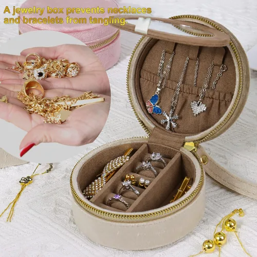 Vista 6 de Joyero pequeño Mini estuche de viaje de terciopelo de felpa con espejo, organizador de joyas portátil para aretes, collares, pulseras y anillos