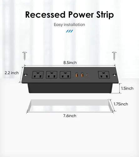 Vista 7 de Regleta de alimentación empotrada con PD 20W USB-C, salida de cajón empotrada, 4 tomas de corriente y 3 puertos USB, regleta de alimentación