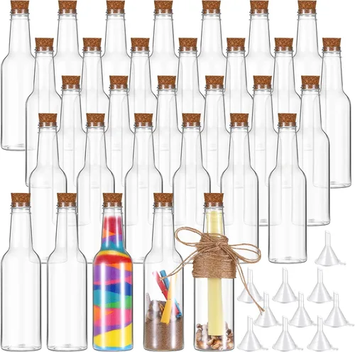Vista 9 de Tanlade 20 botellas de plástico de arena de 5.6 onzas con tapones de corcho, recipientes de botella de mensajes de deseos, botellas transparentes