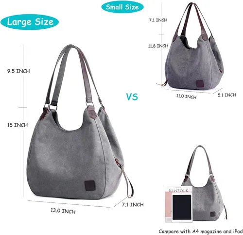 Vista 6 de Dourr Bolso para hombro para mujer, con múltiples bolsillos, bolso de mano moderno de lona de algodón