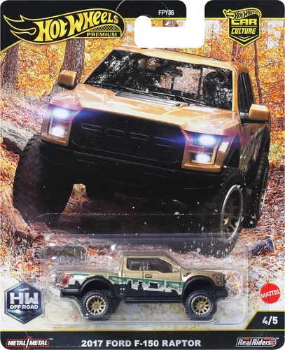 Vista 6 de Hot Wheels Premium Car Culture Off Road 1:64 Escala fundida a presión 2017 Ford F-150 Raptor Vehículo con neumáticos reales Riders y cuerpo