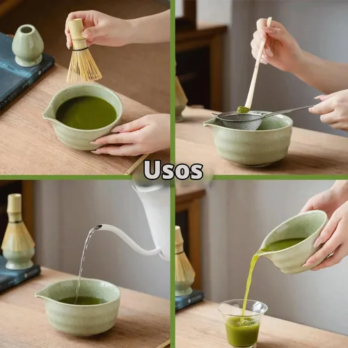 Vista 3 de Juego de 7 batidores de matcha, kit de cerámica con cuenco, batidor y soporte de bambú, cuchara de bambú, tamiz y toalla de té, juego de regalo