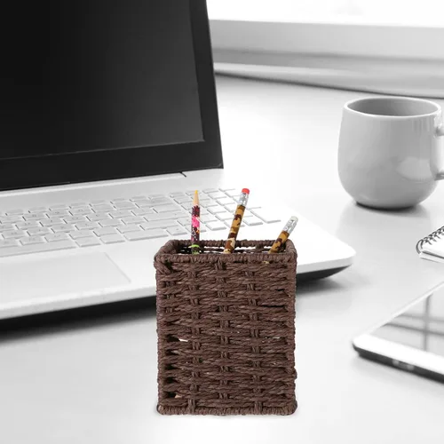 Vista 8 de Cabilock Cesta de mimbre resistente para escritorio, contenedor elegante para mesa de té, organizador de artículos diversos