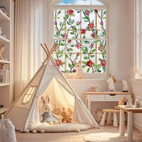 Vista 3 de Windimiley Película decorativa para ventana de vitral, 3D con diseño floral de rosas, película adhesiva estática de privacidad que difunde la luz
