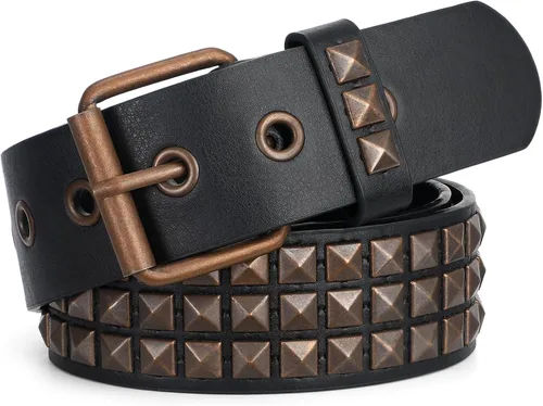 Vista 8 de WHIPPY Mujeres Hombres Remache Cinturón Pyramid Square Bead PU Cuero Punk Rock Ojal Cinturón para Jeans Negro