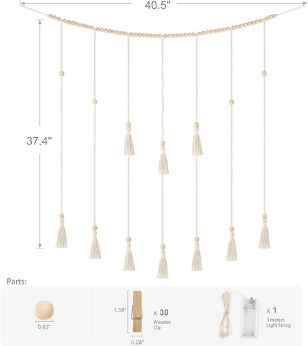 Vista 6 de Mkono Decoración de pared colgante de macramé con cadena de luces, habitación bohemia para dormitorio, cuentas de madera, guirnalda para tarjetas