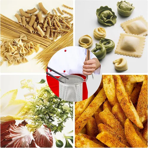 Vista 6 de Colador de Pasta de Acero Inoxidable, 2 piezas Colador de Fideos y Dumplings de Alimentos Microperforado con Mango de Madera, Cestas para Colar