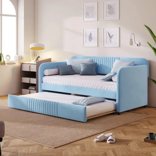 Vista 9 de Sofá cama tapizado de tamaño matrimonial con 2 cajones de almacenamiento, sofá cama con botones y brazos para uñas, color beige Completamente beige