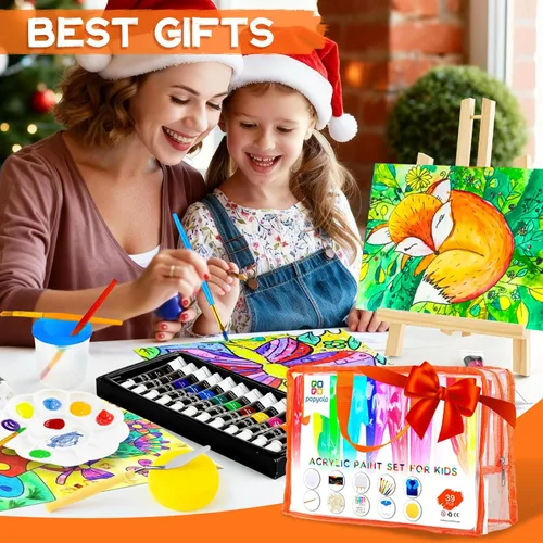 Vista 9 de POPYOLA Juego de pintura acrílica para niños, juego de pintura no tóxica para niños con caballete de mesa, pinturas acrílicas, bata, lienzos