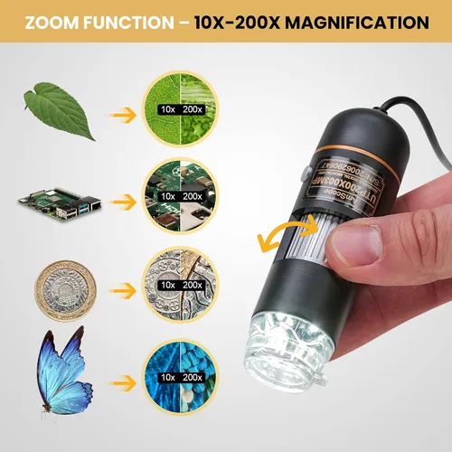 Vista 4 de AmScope UTP200X003MP Microscopio digital USB de 2 MP, aumento de 200X 10X-200X Rango de Aumento 003MP Sensor CMOS USB 2.0 Conectividad LED Anillo