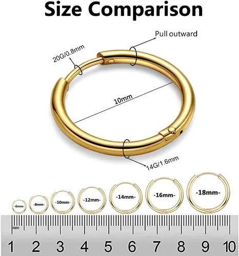 Vista 2 de Aretes de aro Huggie para mujeres y hombres, acero inoxidable quirúrgico 316L, 0.236 in, 0.315 in, 0.394 in, para hombre, aretes de aro