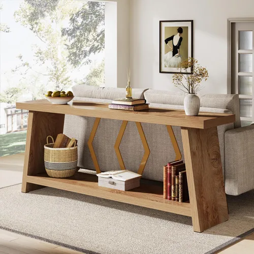 Vista 9 de Tribesigns Mesa consola de granja de 70.86 pulgadas, mesa de entrada de sofá largo industrial estrecha con almacenamiento, sofá de madera de 2 Marrón