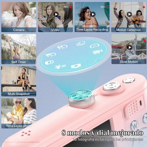 Vista 3 de Fansbe Smart Cámara digital, cámara de vlogging 4K con 64 MP, cámaras digitales apuntar y disparar con zoom de 18X, antivibración, dial de modo Rosa