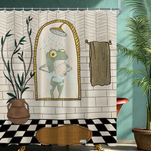 Vista 6 de Juego de cortina de ducha divertida con diseño de ranas para el baño 60x72 pulgadas, cortina de ducha retro linda con diseño de ranas, cortina