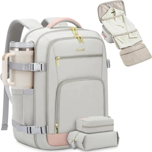 Vista 16 de LOVEVOOK Mochila de viaje para mujer y hombre, Beige, Mochilas de viaje