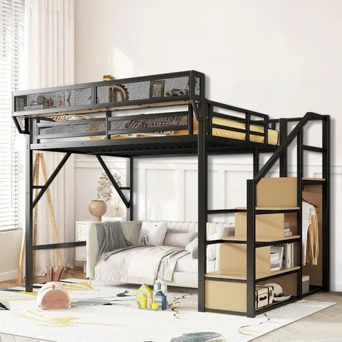 Vista 14 de Cama tipo loft de tamaño matrimonial con escaleras de almacenamiento integradas, armario, marco de cama alta de metal con barandilla lateral