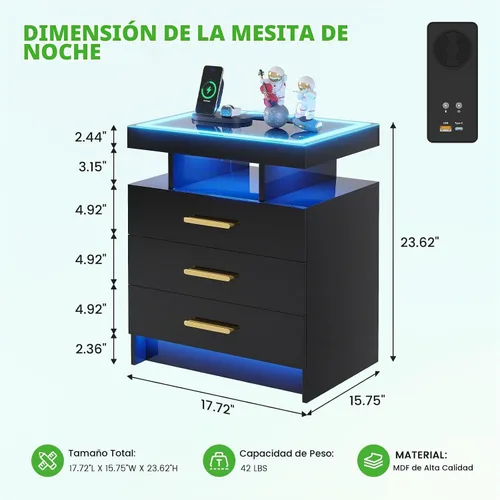 Vista 2 de HNEBC Mesita de noche negra con 3 cajones y estación de carga inalámbrica y negro (91016-1pcs-Black)