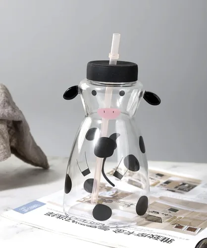 Vista 3 de Vaso de cristal transparente con tapa y pajita de dibujos animados de vaca