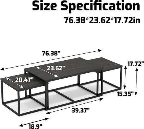 Vista 2 de Mesas de centro anidables, mesa de centro de 3 piezas, mesa auxiliar rectangular industrial, mesas auxiliares para sala de estar y dormitorio (negro)