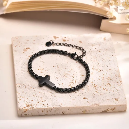 Vista 5 de Pulseras de cadena cruz para hombres y mujeres, pulseras de encantos de cruz de acero inoxidable plateado/negro para hombres, joyería de fe