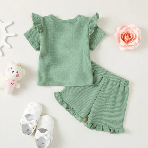 Vista 7 de Mioglrie Ropa para bebé niña con volantes y pantalones cortos, conjunto de ropa para niñas pequeñas
