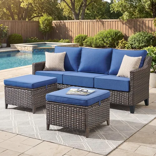 Vista 35 de Belord Sofá de patio exterior acolchado de 3 asientos de lujo de 6 pulgadas Cojín de mimbre marrón/beige de 6 pulgadas
