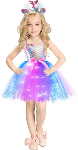 Vista 2 de Girls Mermaid Tutu Dress for Birthday Party LED Light Up Halloween Mermaid Outfit Dress Up Dress with Headband