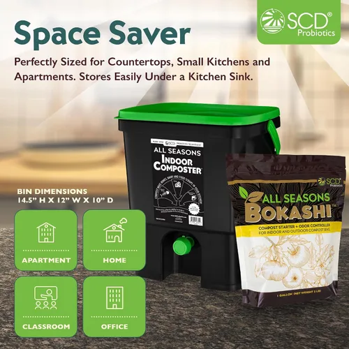 Vista 6 de Kit de iniciación de compostador para interiores All Seasons – Contenedor de compost Organko negro de 4.4 galones para encimera de cocina