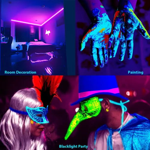 Vista 6 de Tira de luz LED negra de 100 pies con control remoto, adhesivo de luz negra de neón morado inteligente para fiesta brillante, luz UV para decoración