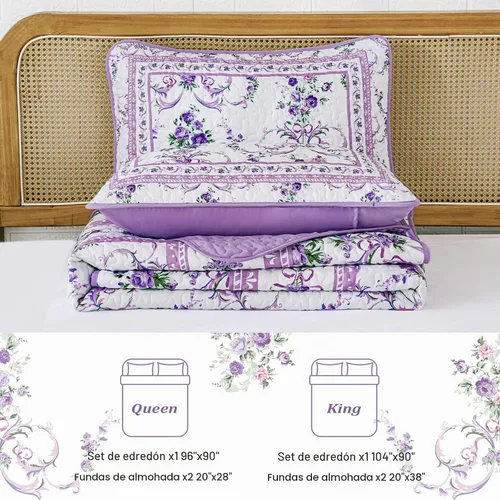 Vista 5 de Anibedding Juego de edredón Queen morado, 3 piezas con patrón floral