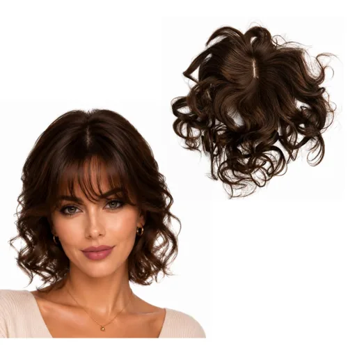 Vista 11 de Anemone Extensiones de cabello humano ondulado con flequillo, 14 pulgadas, extensiones de cabello humano Remy brasileño natural con clip (1B)