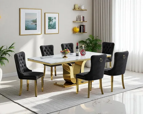 Vista 27 de Juego de mesa de comedor de mármol sintético, 7 piezas, juego de mesa de cocina y comedor para 6, mesa de comedor rectangular blanca de 70 pulgadas