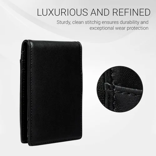 Vista 4 de GULEYRI Cartera delgada de cuero italiano plegable para hombres y mujeres con clip para dinero y bloqueo RFID, soporte minimalista para tarjetas