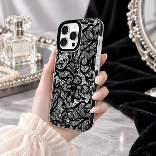 Vista 6 de NITITOP Funda para iPhone 13 Pro con flores de encaje transparente - Negro
