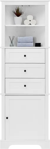 Vista 5 de Armario esquinero alto con 3 cajones y puerta, estantes ajustables, organizador de almacenamiento de baño para sala de estar o cocina, color blanco