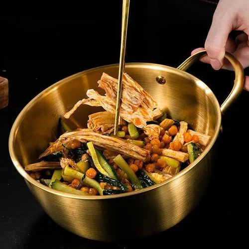 Vista 2 de Ensaladera redonda dorada de 6.7 pulgadas con asa para mezclar alimentos, pasta, salsas de frutas