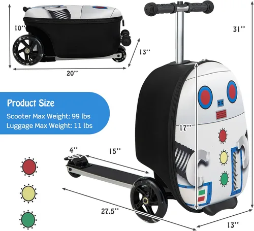 Vista 5 de Costzon Patineta plegable para niños, 2 en 1 con ruedas iluminadas, sistema de frenos, maleta de mano para viajes, escuela, al aire libre