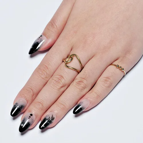 Vista 5 de GLAMERMAID Uñas postizas a presión con forma de almendra mediana, uñas de gel con punta francesa estilo gótico negro ombré, uñas postizas acrílicas