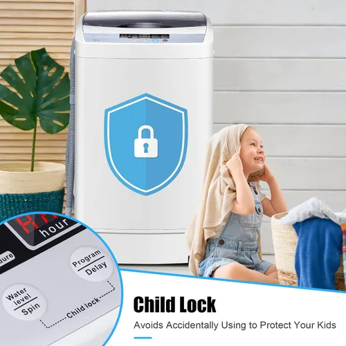 Vista 5 de COSTWAY Lavadora portátil, capacidad de 12 libras, lavadora completamente automática con 10 programas de lavado, pantalla LED, 8 niveles de agua