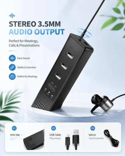 Vista 6 de Altavoz de computadora USB 3 en 1 con micrófono, altavoz de conferencia para PC, portátil y de escritorio con micrófono para hogar inteligente